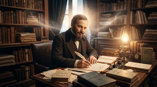 Allan Kardec, the codifier of Spiritism, writing at his desk surrounded by books and spiritual light