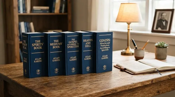 The five books of the Spiritist Codification by Allan Kardec arranged on a wooden desk